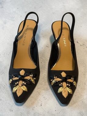 Donald J. Pliner Black Slingback Pumps with Gold Leaf Embellishments